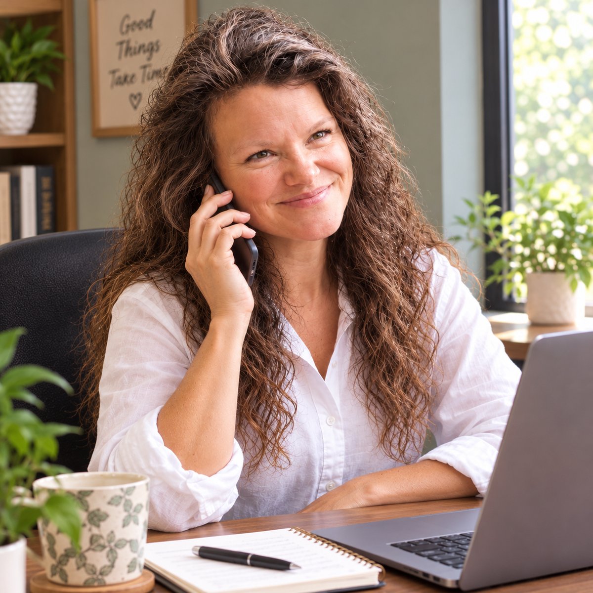 Rachel smiling on the phone at her desk